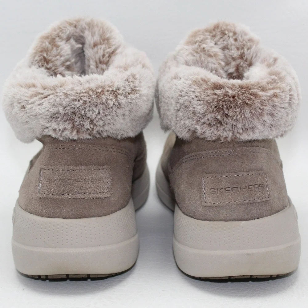 Skechers Go Walk Joy Women 7 Dark‎ Taupe Suede Faux Fur Zip Winter Boots 144664